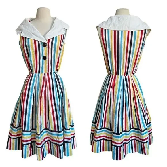 DREAMY Vintage 1950s Handmade One of a Kind Rainbow Shawl Collar Cotton Dress